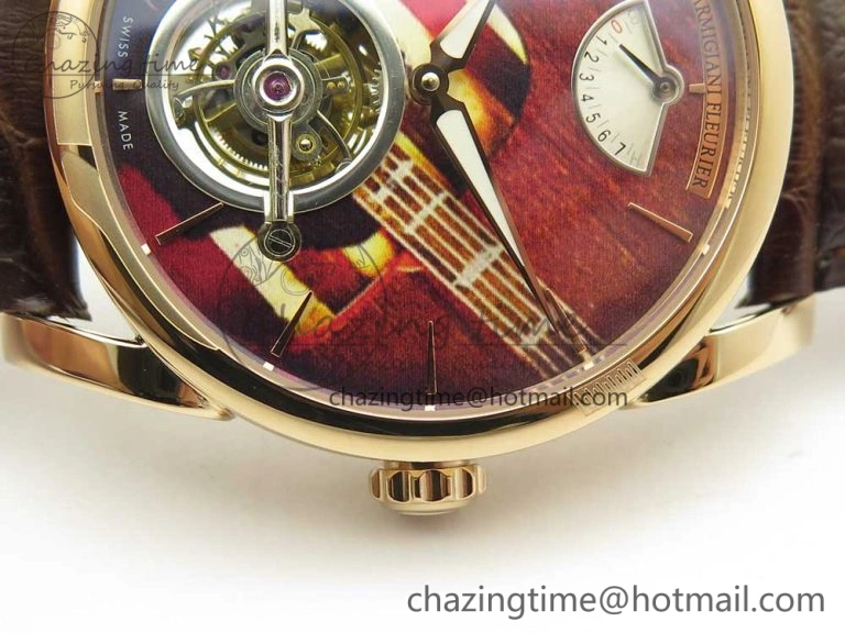 Fleurier Tonda Tourbillon Woodrock RG Real PR JBF Best Edition Red Dial on Brown Leather Strap