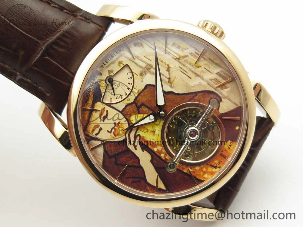 Fleurier Tonda Tourbillon Woodrock RG Real PR JBF Best Edition Red Man Dial on Brown Leather Strap