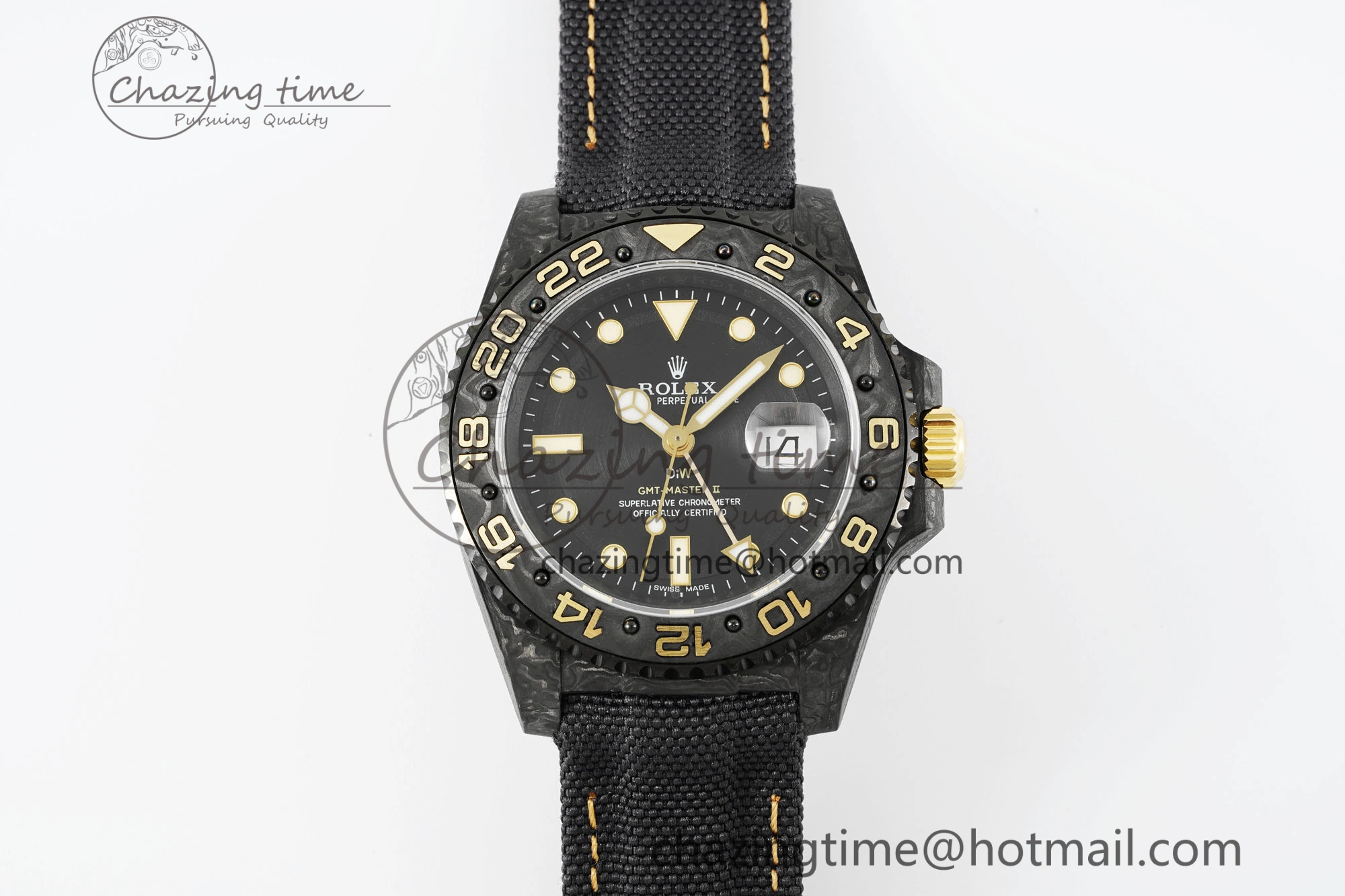 GMT Carbon DIWF Best Edition Black Textured Dial YG Markers on Black Nylon Strap SA3186 CHS