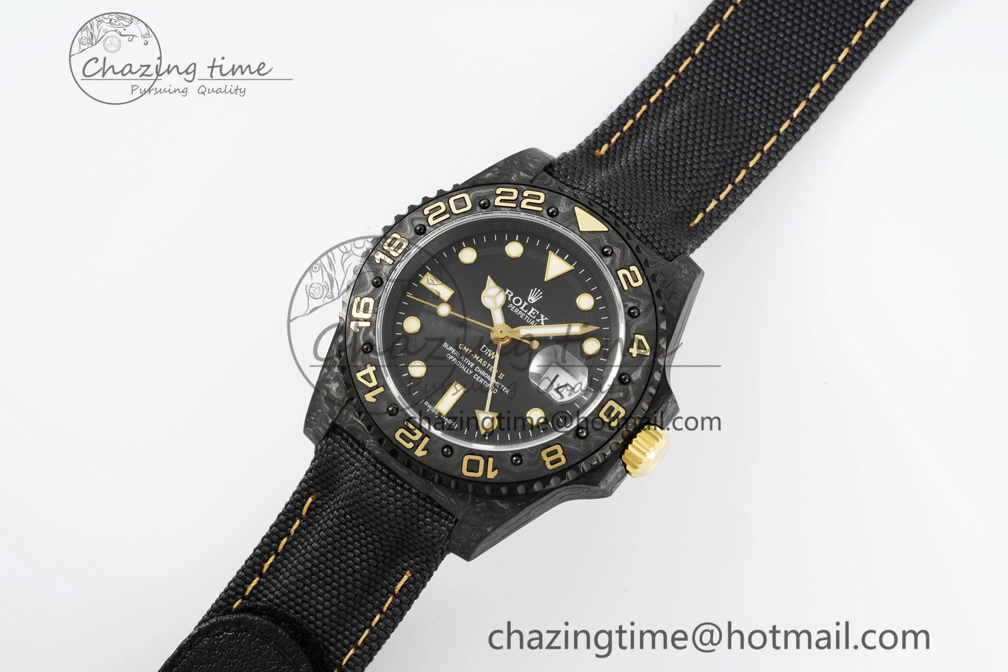 GMT Carbon DIWF Best Edition Black Textured Dial YG Markers on Black Nylon Strap SA3186 CHS