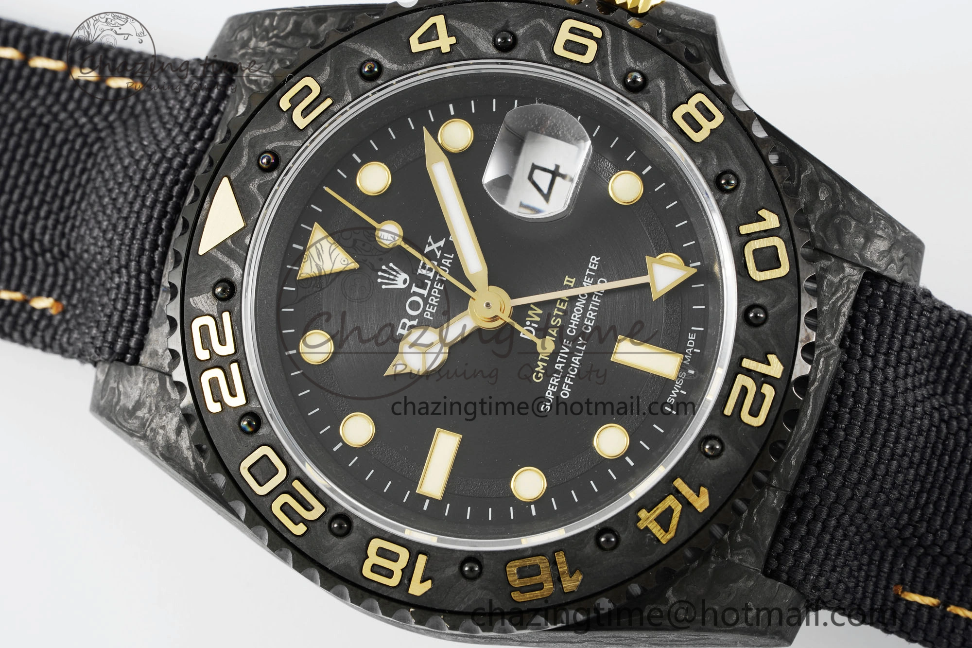 GMT Carbon DIWF Best Edition Black Textured Dial YG Markers on Black Nylon Strap SA3186 CHS