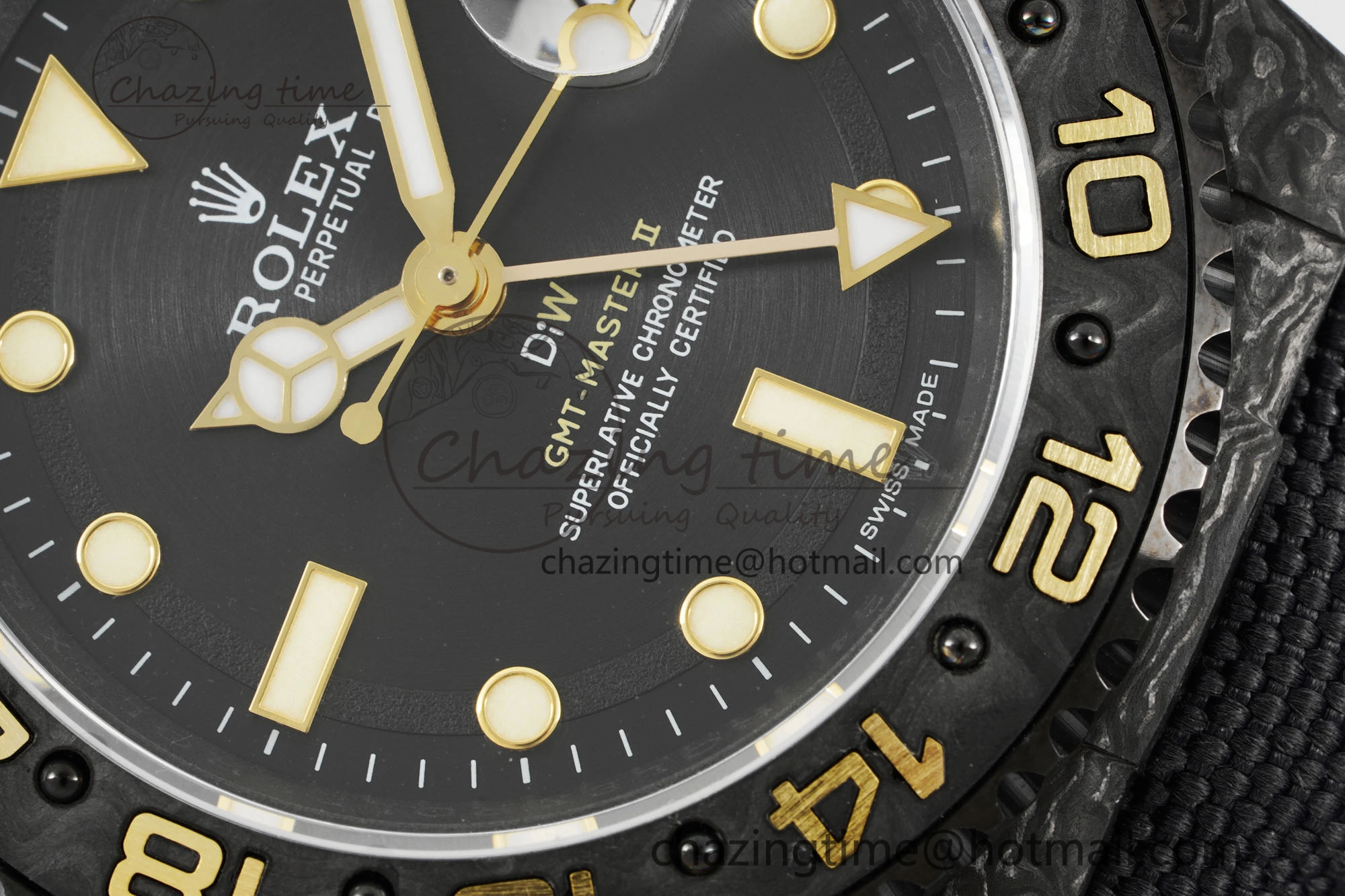 GMT Carbon DIWF Best Edition Black Textured Dial YG Markers on Black Nylon Strap SA3186 CHS