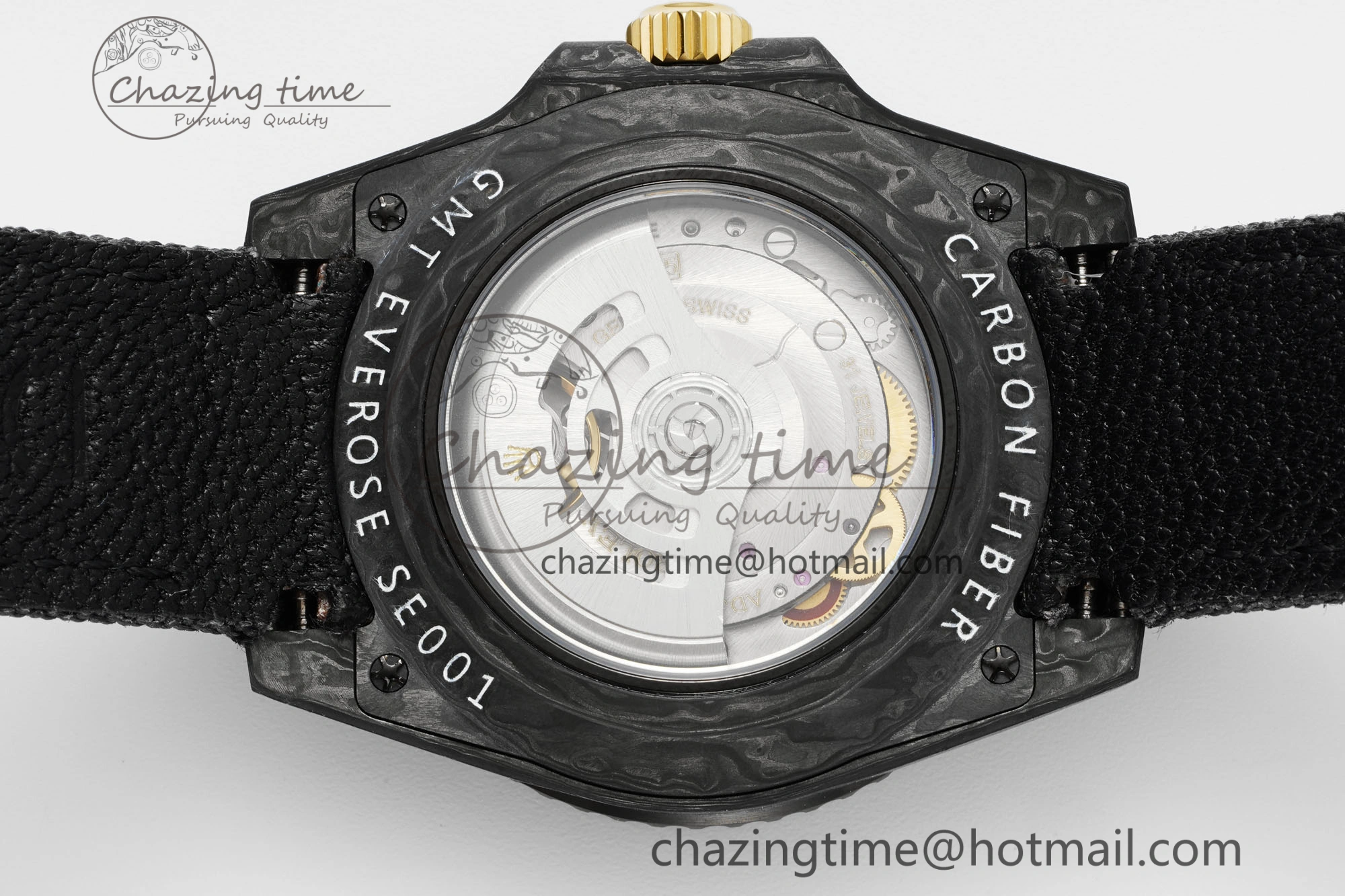 GMT Carbon DIWF Best Edition Black Textured Dial YG Markers on Black Nylon Strap SA3186 CHS