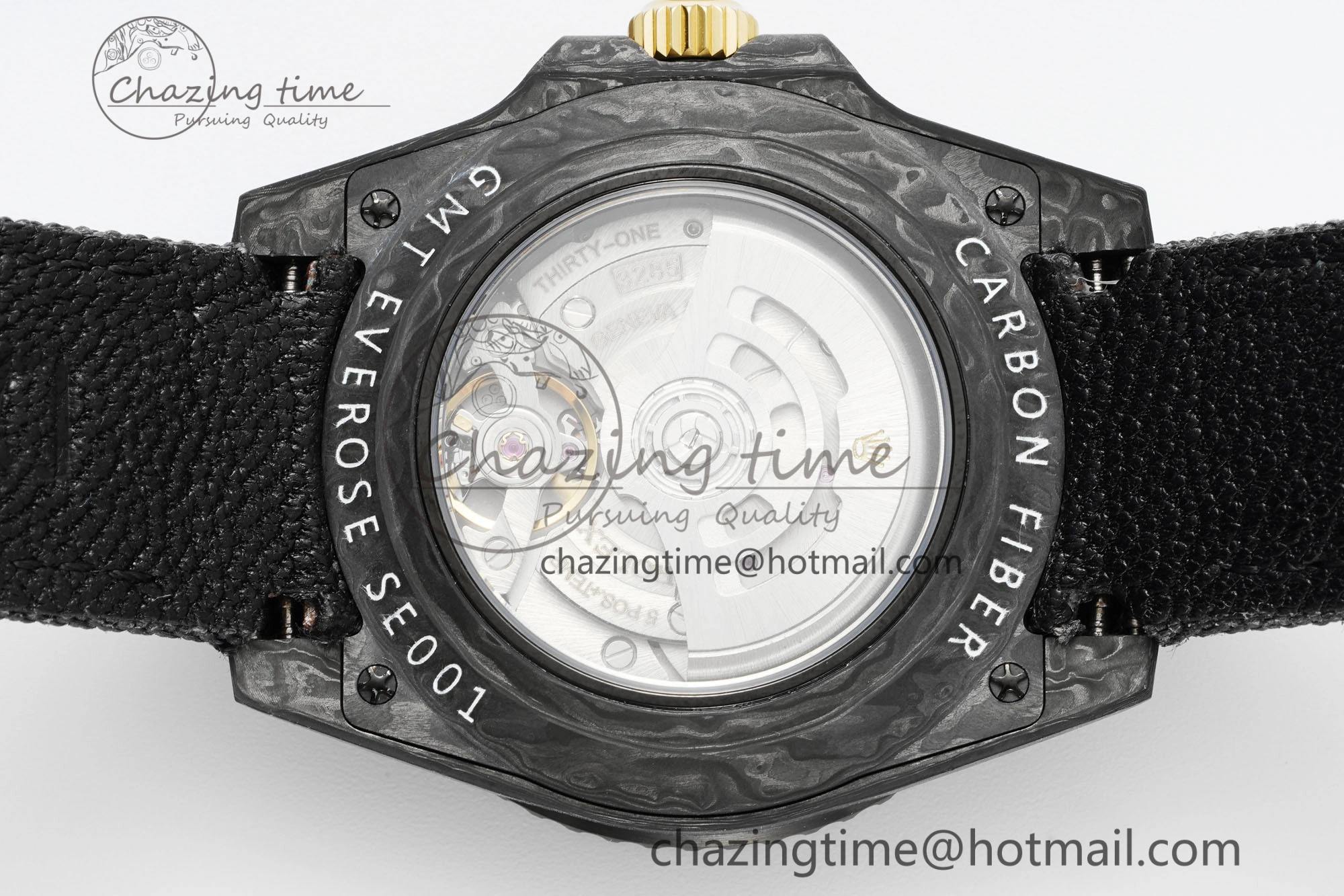 GMT Carbon DIWF Best Edition Black Textured Dial YG Markers on Black Nylon Strap SA3186 CHS