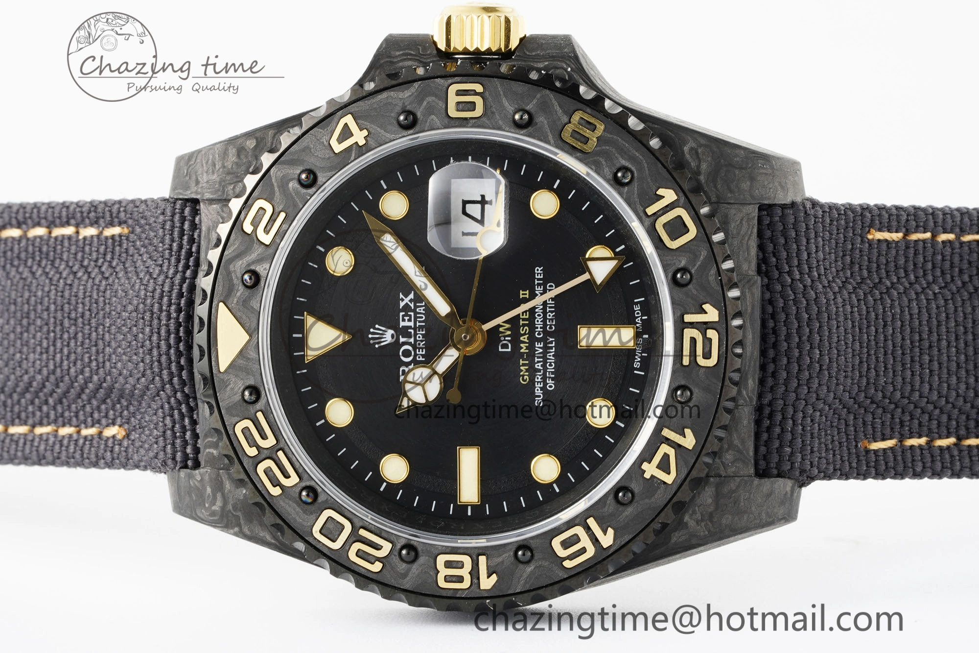 GMT Carbon DIWF Best Edition Black Textured Dial YG Markers on Black Nylon Strap SA3186 CHS