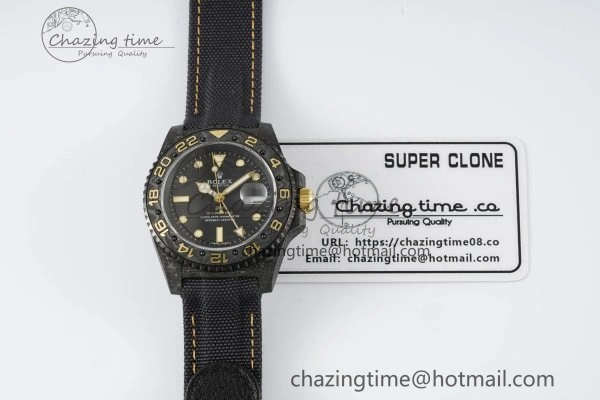 GMT Carbon DIWF Best Edition Black Textured Dial YG Markers on Black Nylon Strap SA3186 CHS