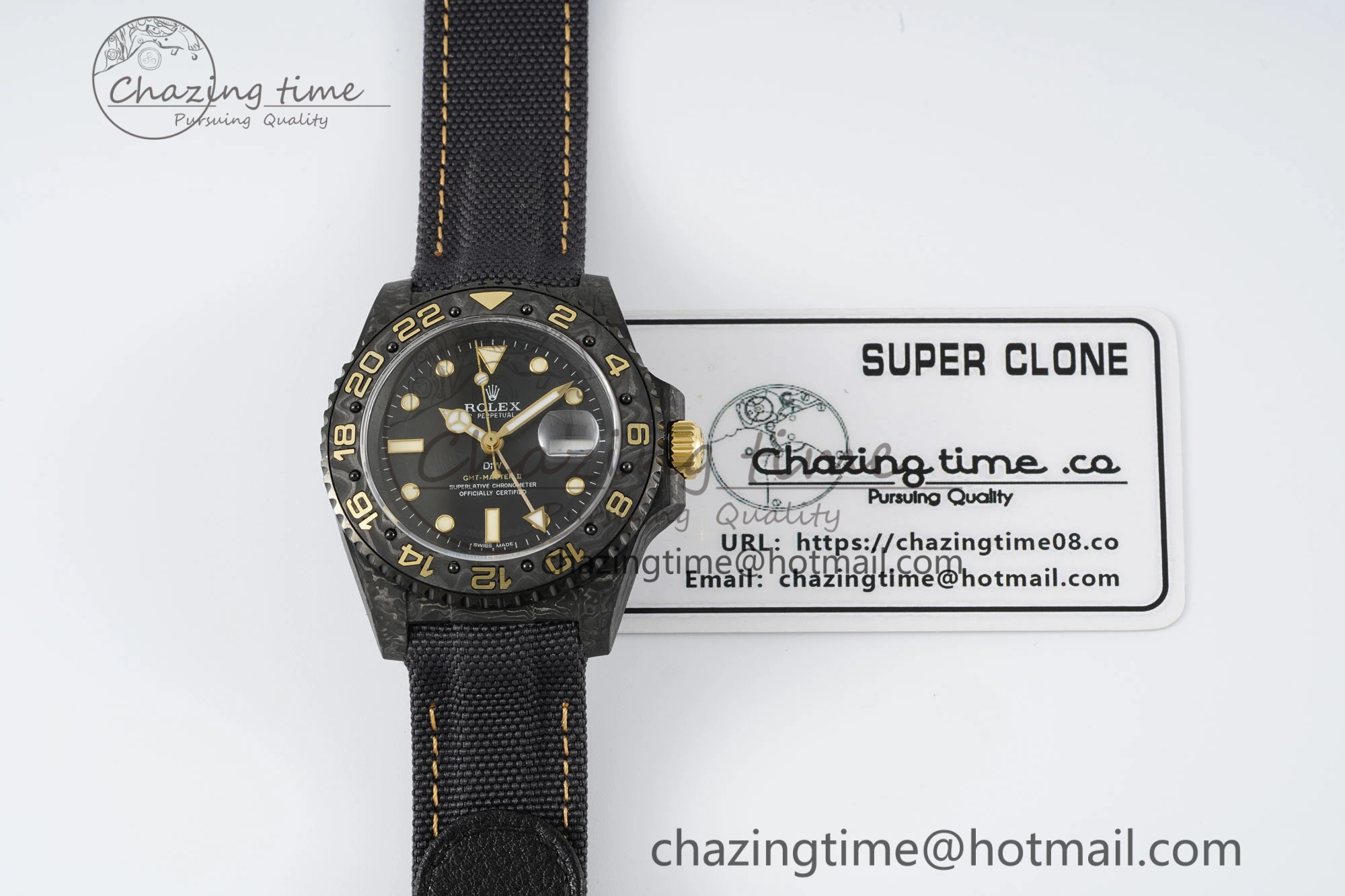GMT Carbon DIWF Best Edition Black Textured Dial YG Markers on Black Nylon Strap SA3186 CHS