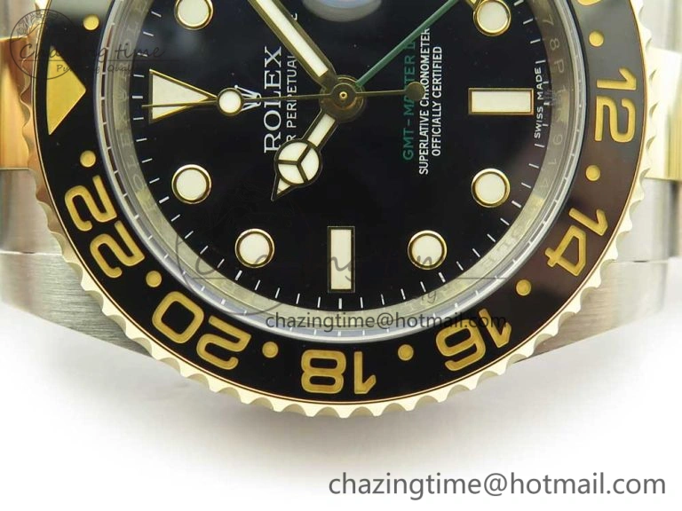 GMT-Master II 116713 LN Black Ceramic Thick YG Wrapped 904L Steel 1:1 Noob Best Edition A3187 (Correct Hand Stack)