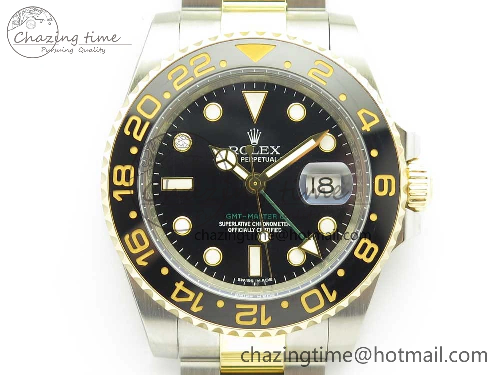 GMT-Master II 116713 LN Black Ceramic Thick YG Wrapped 904L Steel 1:1 Noob Best Edition A3187 (Correct Hand Stack)