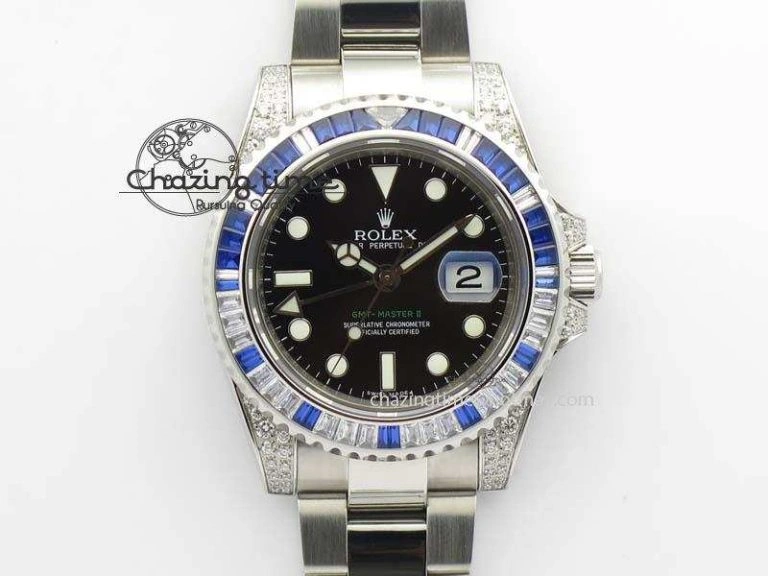 GMT-Master II 116759 SS Bp-Maker Blue Ruby Crystal Black Dial On SS Bracelet A3186