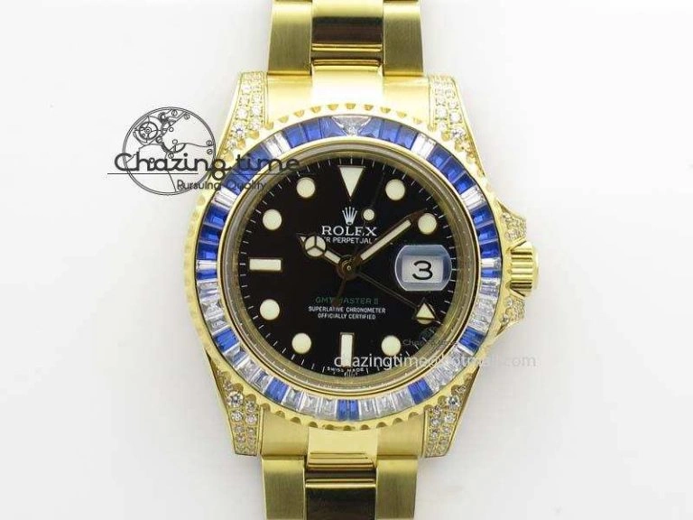 GMT-Master II 116759 YG Bp-Maker Blue Ruby Crystal Bezel Black Dial On YG Bracelet A3186