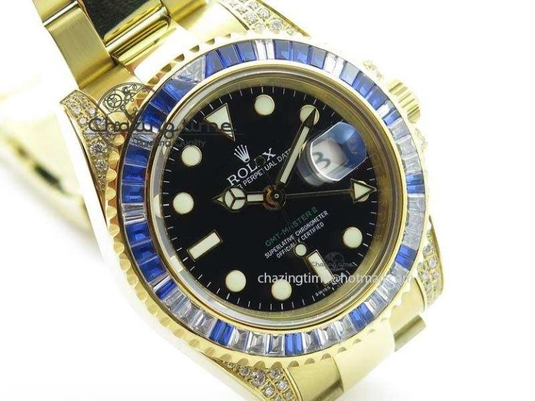 GMT-Master II 116759 YG Bp-Maker Blue Ruby Crystal Bezel Black Dial On YG Bracelet A3186