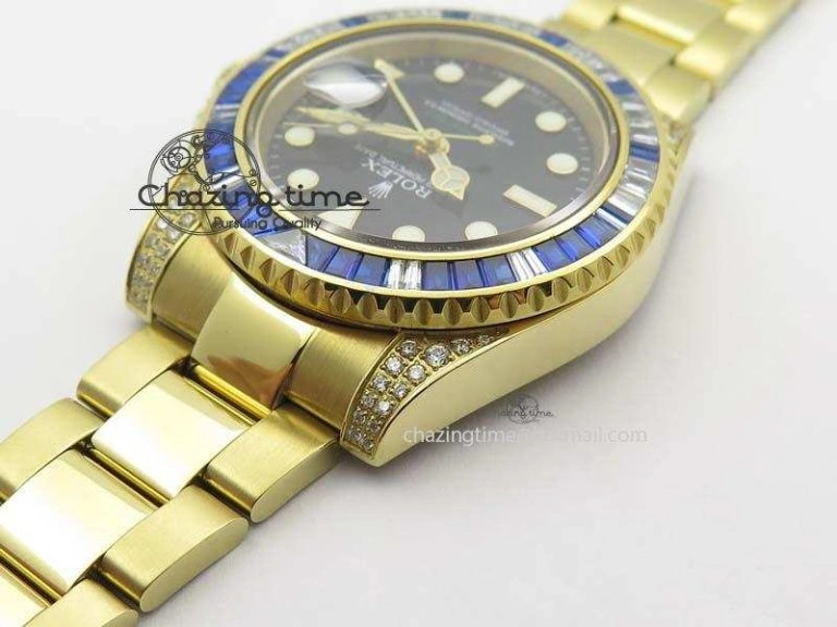 GMT-Master II 116759 YG Bp-Maker Blue Ruby Crystal Bezel Black Dial On YG Bracelet A3186