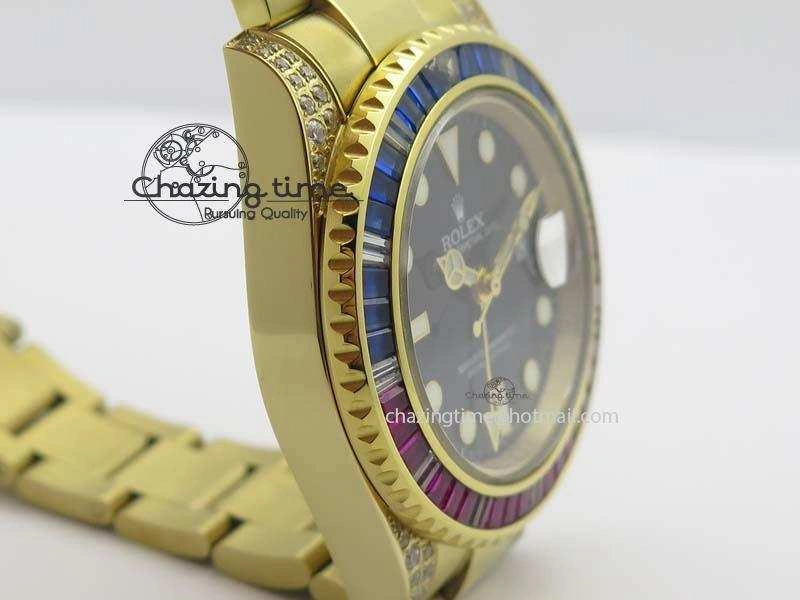 GMT-Master II 116759 YG Bp-Maker Blue Red Ruby Crystal Bezel Black Dial On YG Bracelet A3186