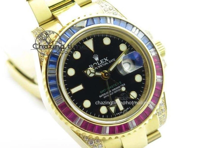 GMT-Master II 116759 YG Bp-Maker Blue Red Ruby Crystal Bezel Black Dial On YG Bracelet A3186