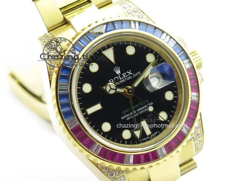 GMT-Master II 116759 YG Bp-Maker Blue Red Ruby Crystal Bezel Black Dial On YG Bracelet A3186
