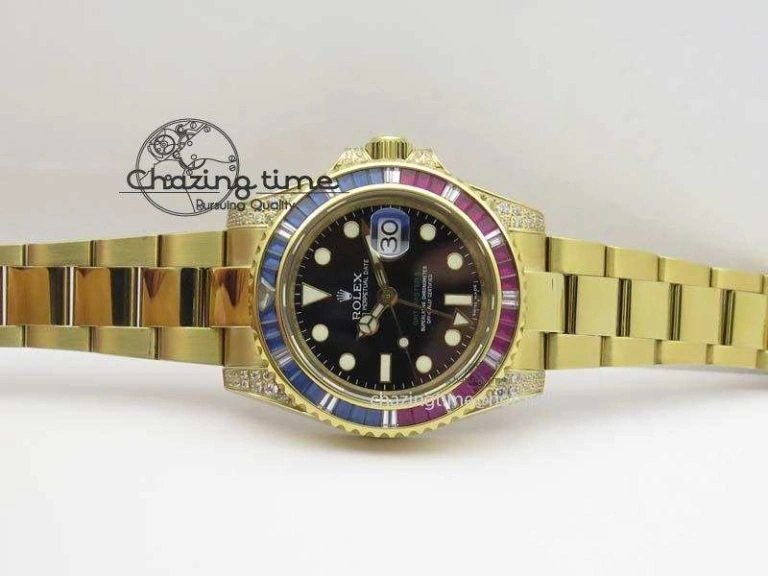 GMT-Master II 116759 YG Bp-Maker Blue Red Ruby Crystal Bezel Black Dial On YG Bracelet A3186