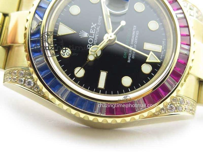 GMT-Master II 116759 YG Bp-Maker Blue Red Ruby Crystal Bezel Black Dial On YG Bracelet A3186