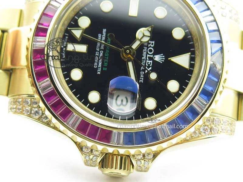 GMT-Master II 116759 YG Bp-Maker Blue Red Ruby Crystal Bezel Black Dial On YG Bracelet A3186