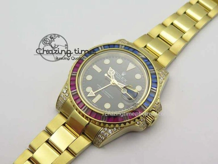 GMT-Master II 116759 YG Bp-Maker Blue Red Ruby Crystal Bezel Black Dial On YG Bracelet A3186