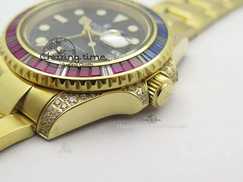 GMT-Master II 116759 YG Bp-Maker Blue Red Ruby Crystal Bezel Black Dial On YG Bracelet A3186