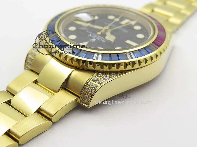 GMT-Master II 116759 YG Bp-Maker Blue Red Ruby Crystal Bezel Black Dial On YG Bracelet A3186