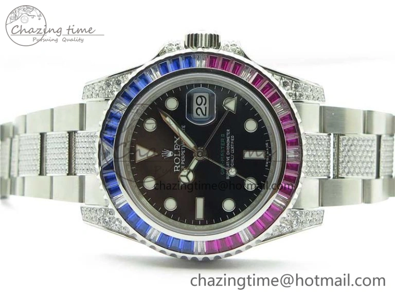 GMT Master II 126710 Red Blue T Crystal VRF Best Edition Black Dial On SS Paved Crystal Bracelet  A3186 CHS
