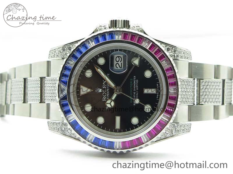 GMT Master II 126710 Red Blue T Crystal VRF Best Edition Black Dial On SS Paved Crystal Bracelet  A3186 CHS