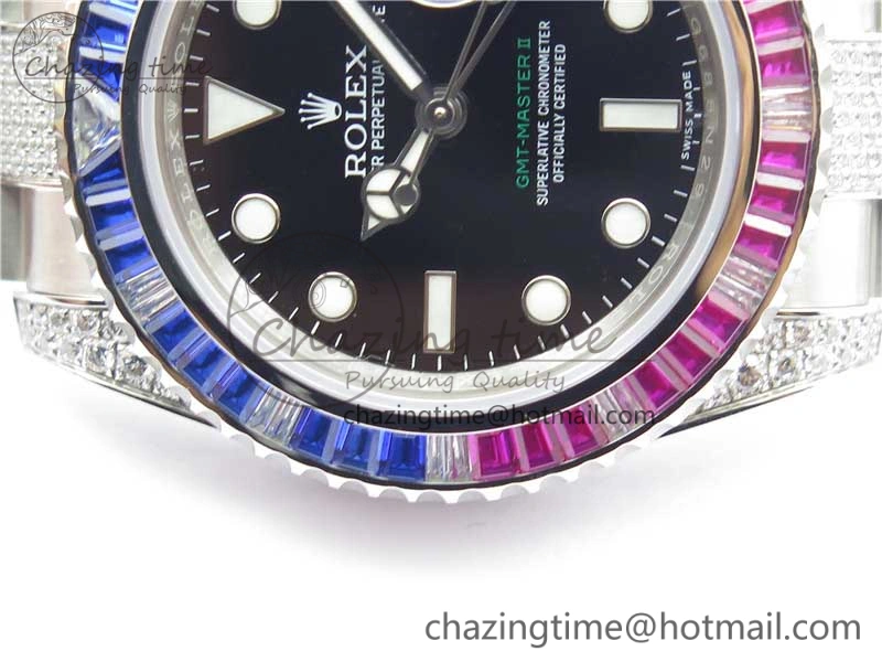GMT Master II 126710 Red Blue T Crystal VRF Best Edition Black Dial On SS Paved Crystal Bracelet  A3186 CHS