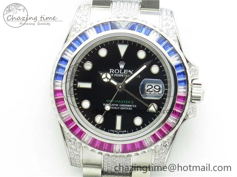 GMT Master II 126710 Red Blue T Crystal VRF Best Edition Black Dial On SS Paved Crystal Bracelet  A3186 CHS