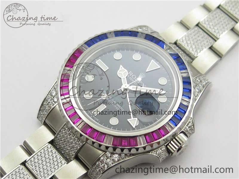 GMT Master II 126710 Red Blue T Crystal VRF Best Edition Black Dial On SS Paved Crystal Bracelet  A3186 CHS