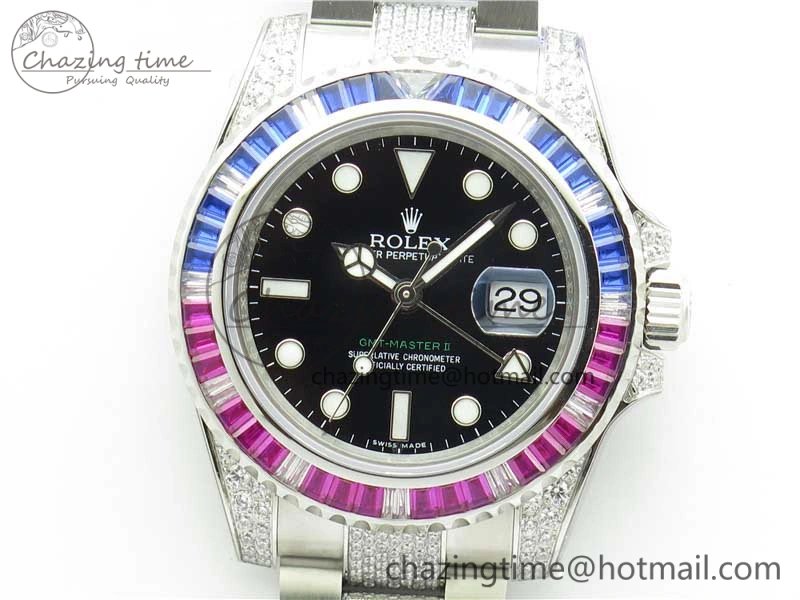 GMT Master II 126710 Red Blue T Crystal VRF Best Edition Black Dial On SS Paved Crystal Bracelet  A3186 CHS