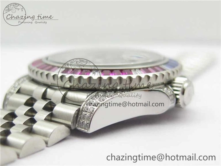 GMT-Master II Red Blue Diamonds Bezel 904L Steel GMF Best Edition Black Dial On Jubilee Bracelet SA3285 CHS V3