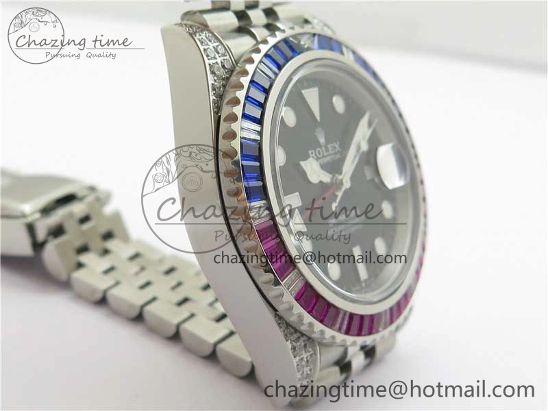 GMT-Master II Red Blue Diamonds Bezel 904L Steel GMF Best Edition Black Dial On Jubilee Bracelet SA3285 CHS V3