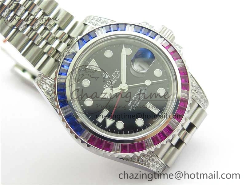 GMT-Master II Red Blue Diamonds Bezel 904L Steel GMF Best Edition Black Dial On Jubilee Bracelet SA3285 CHS V3