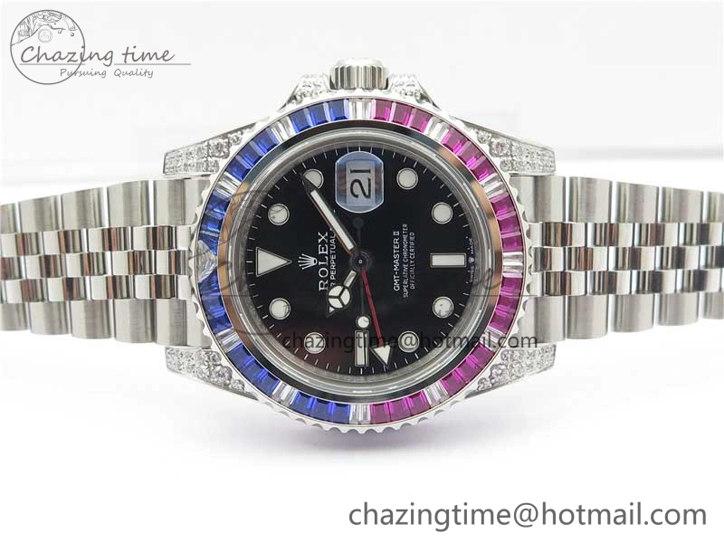 GMT-Master II Red Blue Diamonds Bezel 904L Steel GMF Best Edition Black Dial On Jubilee Bracelet SA3285 CHS V3