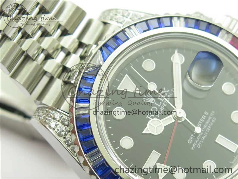 GMT-Master II Red Blue Diamonds Bezel 904L Steel GMF Best Edition Black Dial On Jubilee Bracelet SA3285 CHS V3