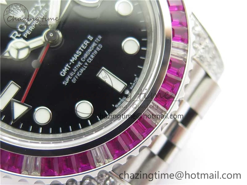GMT-Master II Red Blue Diamonds Bezel 904L Steel GMF Best Edition Black Dial On Jubilee Bracelet SA3285 CHS V3