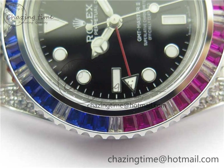 GMT-Master II Red Blue Diamonds Bezel 904L Steel GMF Best Edition Black Dial On Jubilee Bracelet SA3285 CHS V3