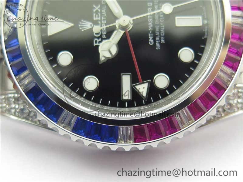 GMT-Master II Red Blue Diamonds Bezel 904L Steel GMF Best Edition Black Dial On Jubilee Bracelet SA3285 CHS V3
