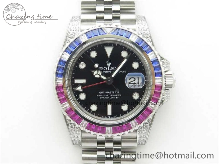GMT-Master II Red Blue Diamonds Bezel 904L Steel GMF Best Edition Black Dial On Jubilee Bracelet SA3285 CHS V3