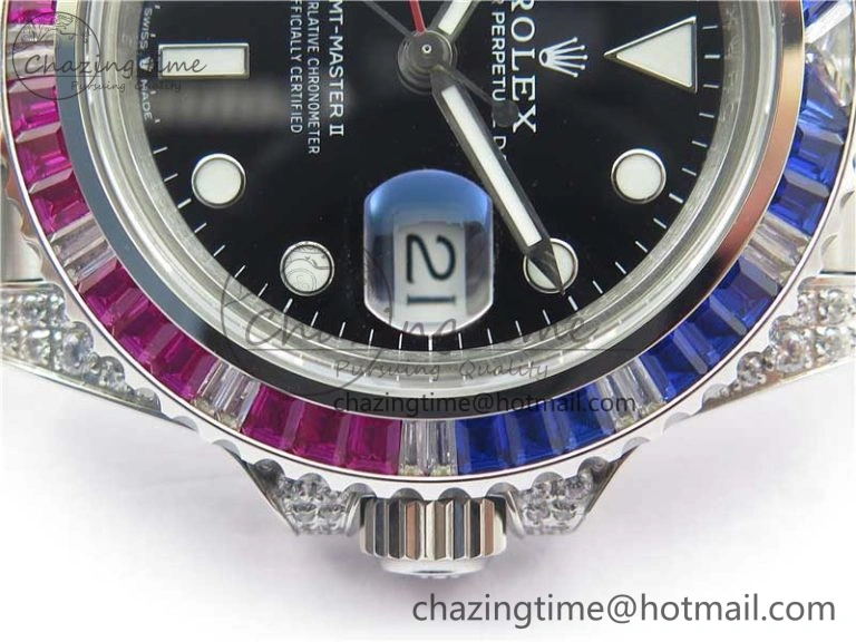 GMT-Master II Red Blue Diamonds Bezel 904L Steel GMF Best Edition Black Dial On Jubilee Bracelet SA3285 CHS V3
