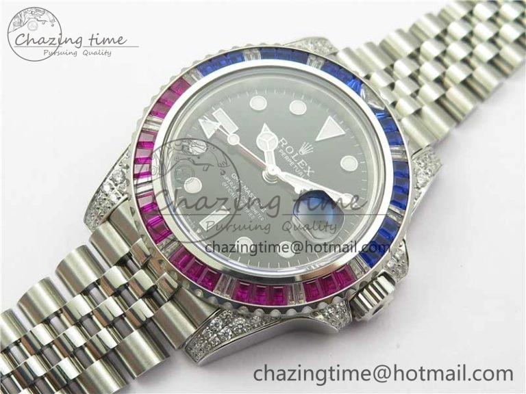 GMT-Master II Red Blue Diamonds Bezel 904L Steel GMF Best Edition Black Dial On Jubilee Bracelet SA3285 CHS V3