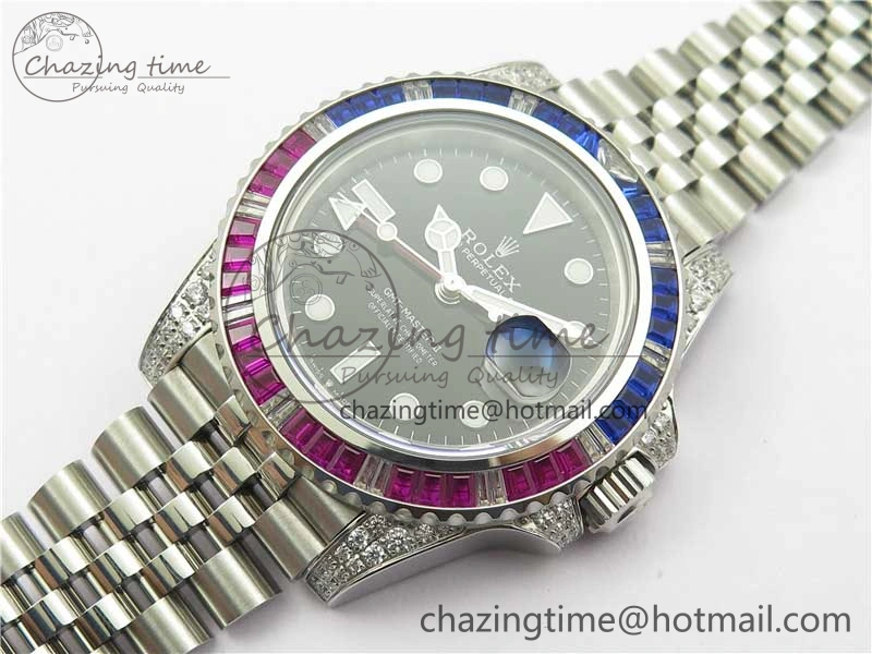 GMT-Master II Red Blue Diamonds Bezel 904L Steel GMF Best Edition Black Dial On Jubilee Bracelet SA3285 CHS V3