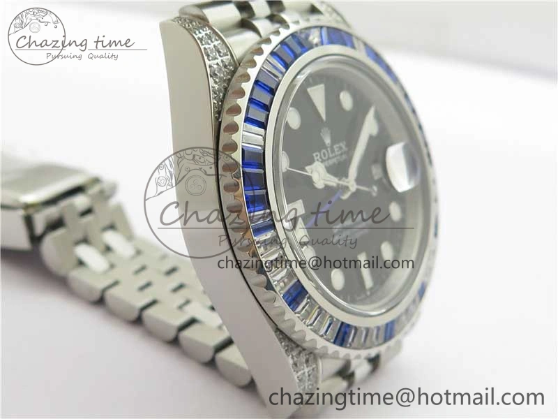 GMT-Master II White Blue Diamonds Bezel 904L Steel GMF Best Edition Black Dial On Jubilee Bracelet SA3285 CHS V3