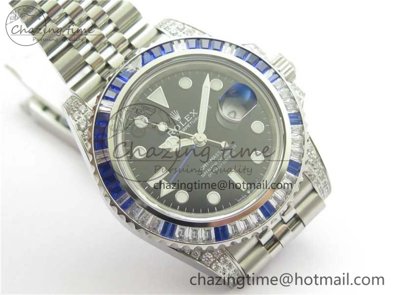 GMT-Master II White Blue Diamonds Bezel 904L Steel GMF Best Edition Black Dial On Jubilee Bracelet SA3285 CHS V3