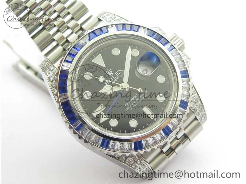GMT-Master II White Blue Diamonds Bezel 904L Steel GMF Best Edition Black Dial On Jubilee Bracelet SA3285 CHS V3