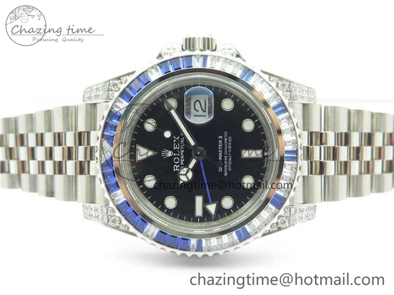GMT-Master II White Blue Diamonds Bezel 904L Steel GMF Best Edition Black Dial On Jubilee Bracelet SA3285 CHS V3
