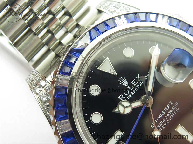 GMT-Master II White Blue Diamonds Bezel 904L Steel GMF Best Edition Black Dial On Jubilee Bracelet SA3285 CHS V3