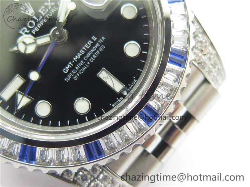 GMT-Master II White Blue Diamonds Bezel 904L Steel GMF Best Edition Black Dial On Jubilee Bracelet SA3285 CHS V3